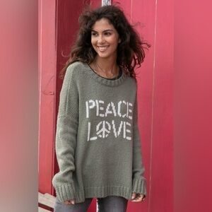 WOODEN SHIPS Wool Blend Peace Love Sweater Olive Green S/M